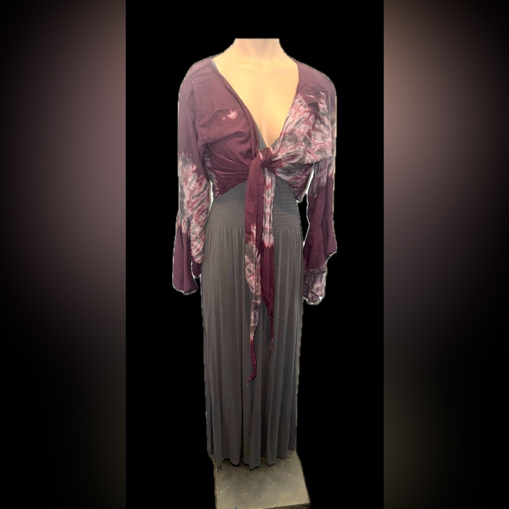Womens Long Gray Maxi Dress Two Piece With Tie-Dye Top Bell Sleeves Size Medium